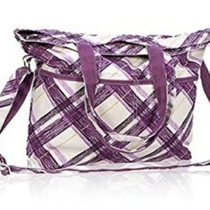 Thirty One Retro Metro Fold Over Plum Plaid Purple Gray Bag Large Retired NEW